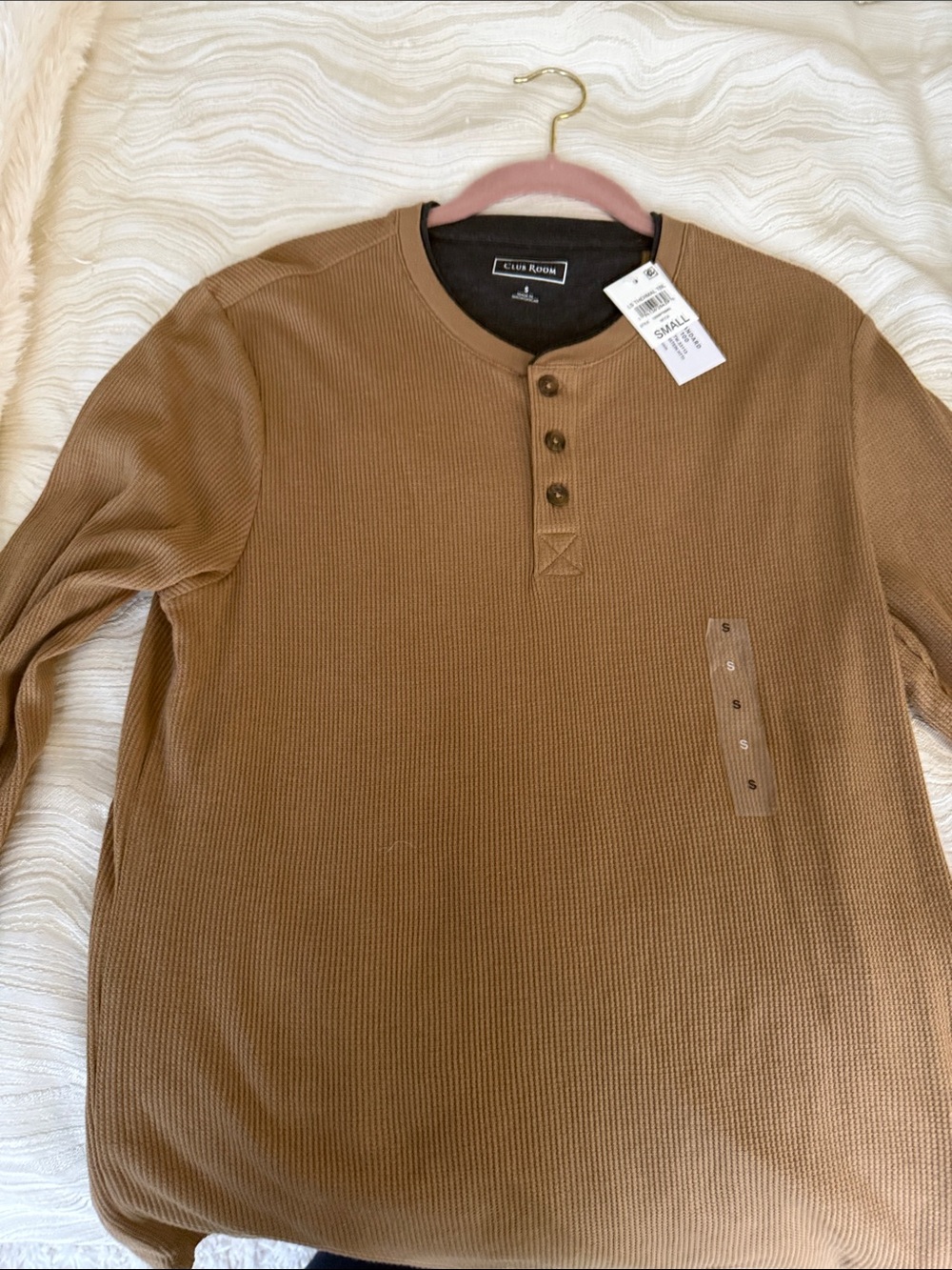 Club Room Men's Tan/Brown Long-Sleeve Henley Shirt